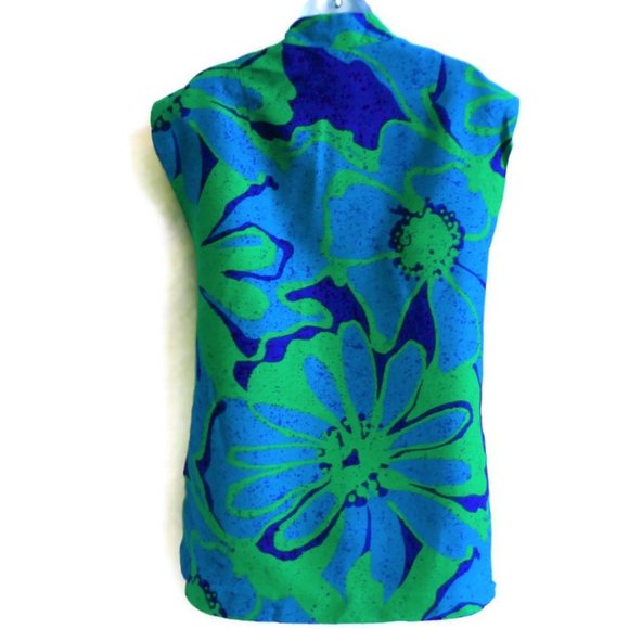 Vintage 60s Sun Fashion of Hawaii Tunic Mod Blue Mandarin Band Collar Bark Cloth - Picture 3 of 10